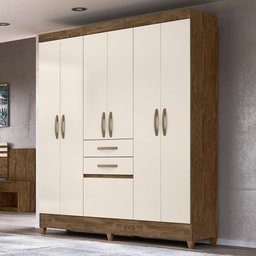 Guarda Roupa Casal New Mafra 7 Portas e 2 Gavetas Castanho Wood/off White - Moval - 2 Guarda Roupa Casal New Mafra 7 Portas e 2 Gavetas Castanho Wood/off White - Moval - 2