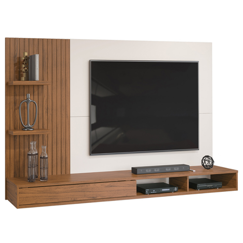 Painel para Tv 1,90m até 60 Polegadas Detalhe Frisado com Nichos Abel Madeirado/off White