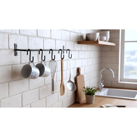 Barra Multiuso Utensílios e Xícaras para Parede + 5 Ganchos
