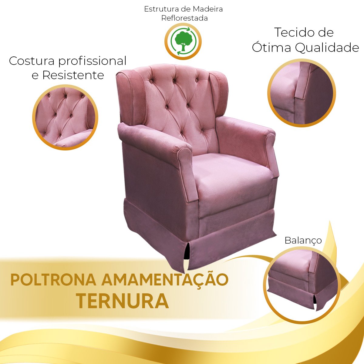 Poltrona Cadeira de Amamentação Balanço + Puff Ternura Veludo - Star Confort - 12