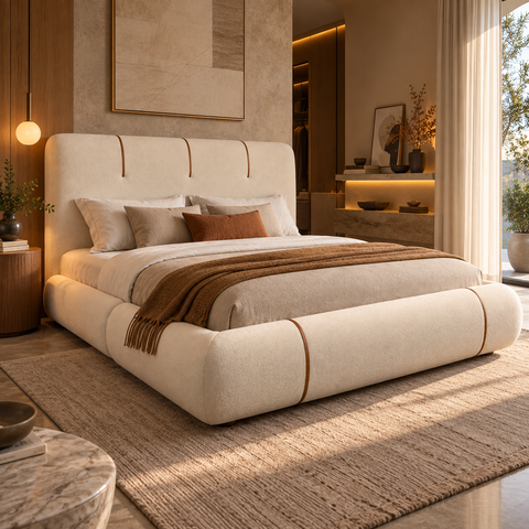 Conjunto Cama Casal Cabeceira Star Divani Bouclé Premiun Detalhes em Courino Luxouso Moderna Elegant