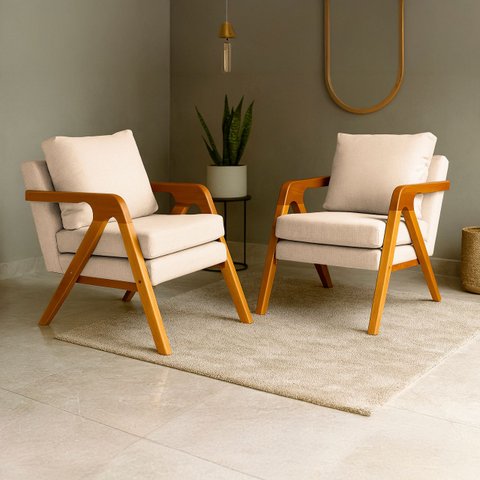 Kit 2 Poltrona Sala Decorativa Stella Estofada Linho Bege Base Madeira Castanho - Arkell