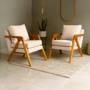Ver imagem 1 de Kit 2 Poltrona Sala Decorativa Stella Estofada Linho Bege Base Madeira Castanho - Arkell