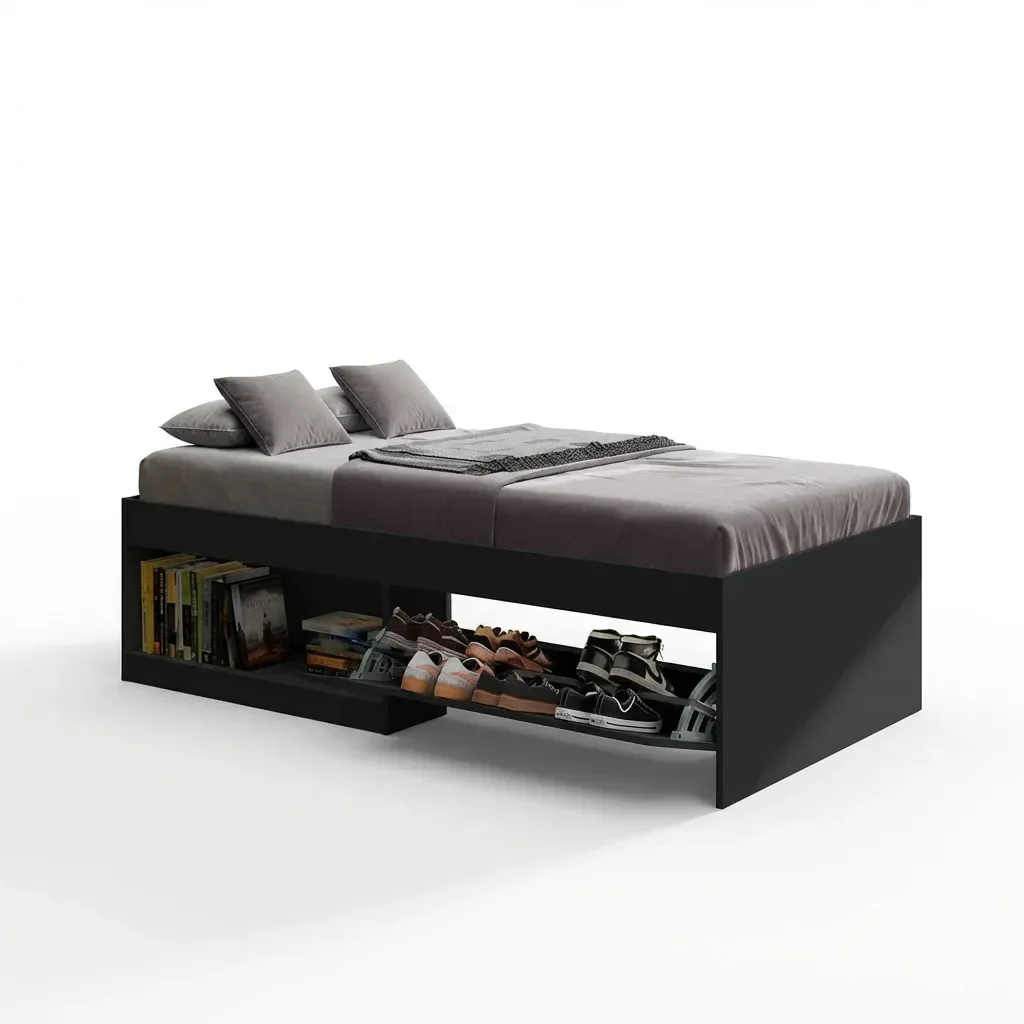 Cama Solteiro com Sapateira e Nicho Laura Yescasa Preto - 4