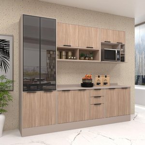 Cozinha Modulada Stylo 270cm Nicho Microondas e Cristaleira Cor:cumaru