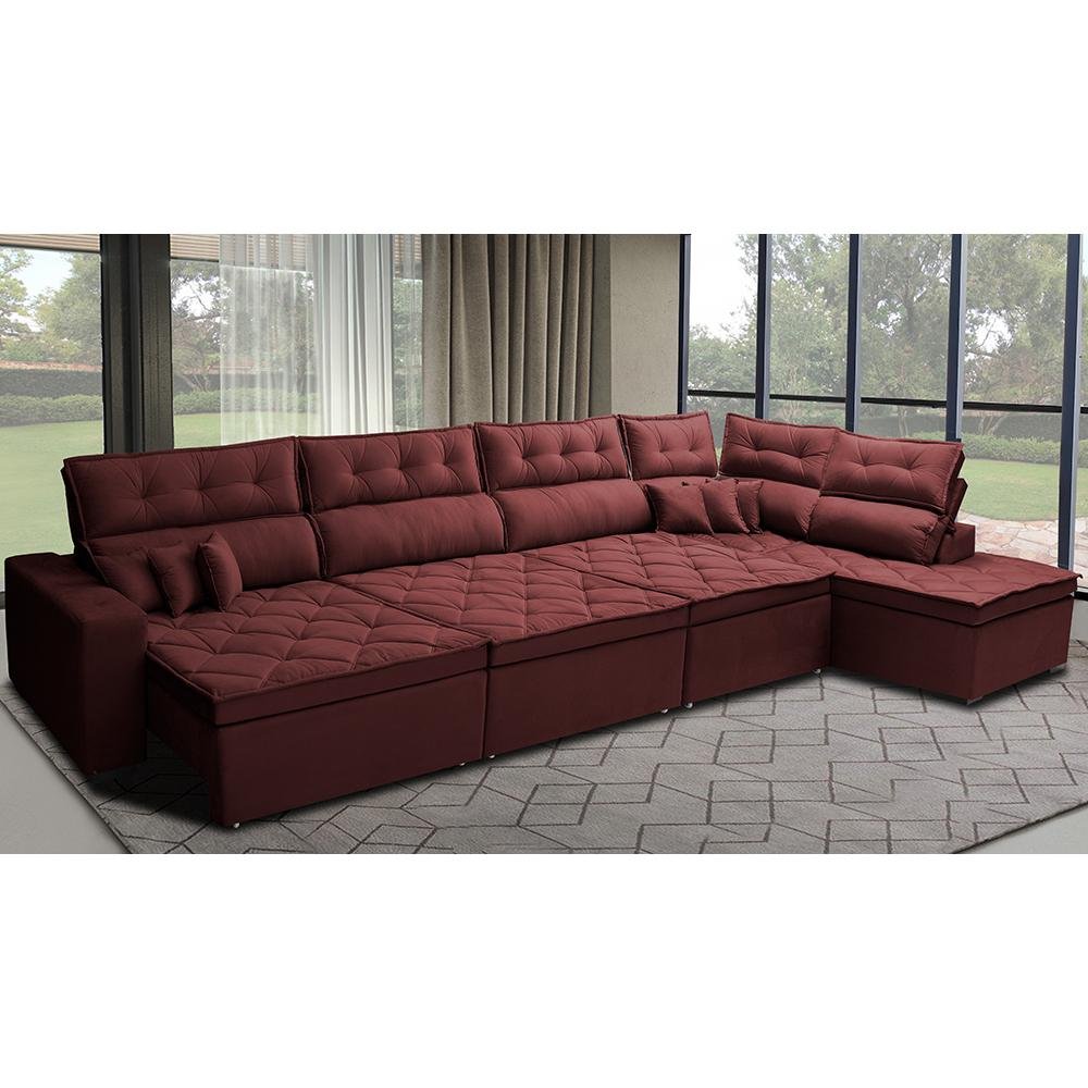 Sofá de Canto 4.80x2.36m Retrátil e Reclinável com Molas Cama inBox Platinum Direito Suede Vinho