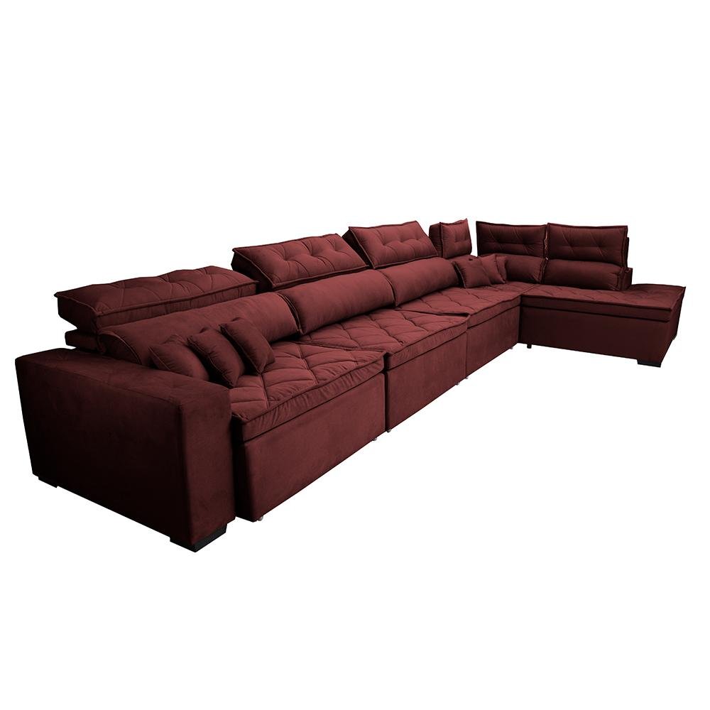 Sofá de Canto 4.80x2.36m Retrátil e Reclinável com Molas Cama inBox Platinum Direito Suede Vinho - 8