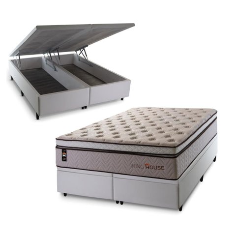 Conjunto Box Baú Super King Liverpool Branco 193x203x80 c/ Molas Ensacadas