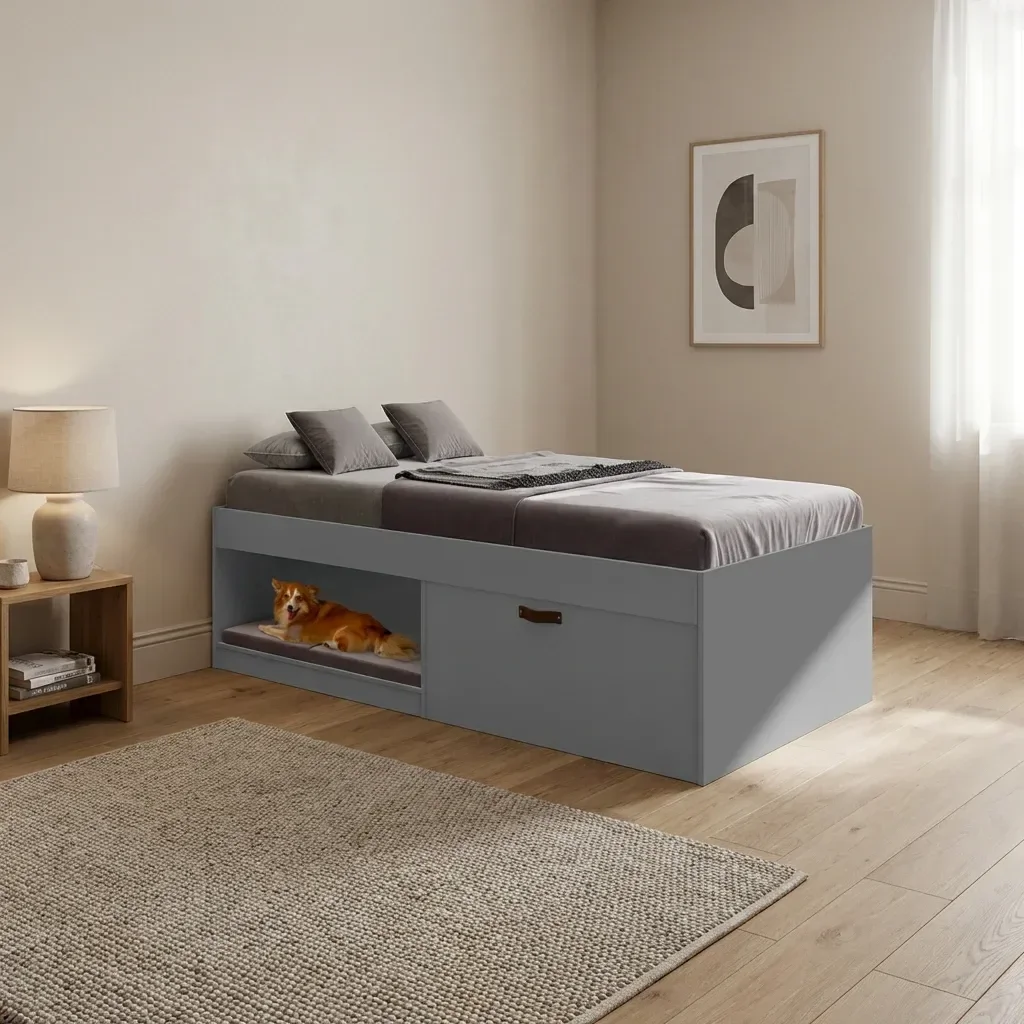 Cama Solteiro com Sapateira e Nicho Laura Yescasa Cinza - 1