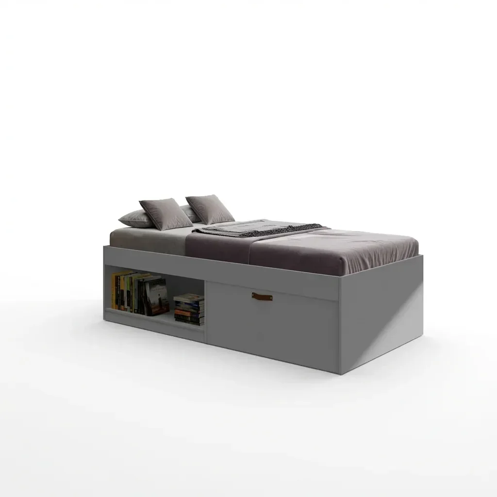 Cama Solteiro com Sapateira e Nicho Laura Yescasa Cinza - 2