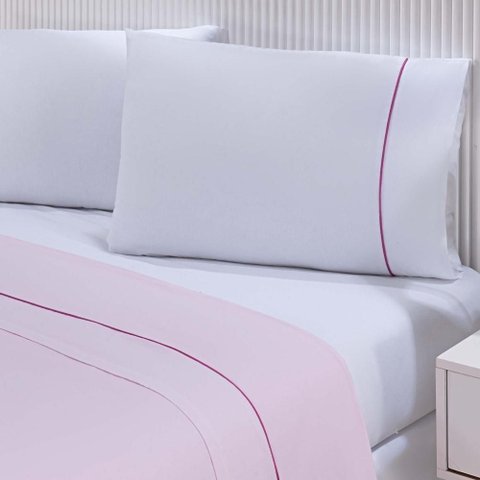 Jogo de Cama Lençol 100% Algodão Percal 150 Fios Casal Gran Moratta 4 Peças - Branco e Rosa