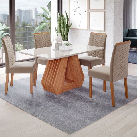 Mesa de Jantar 4 Lugares Ágata Clarice com Vidro Cinamomo/off White/nude - Cimol