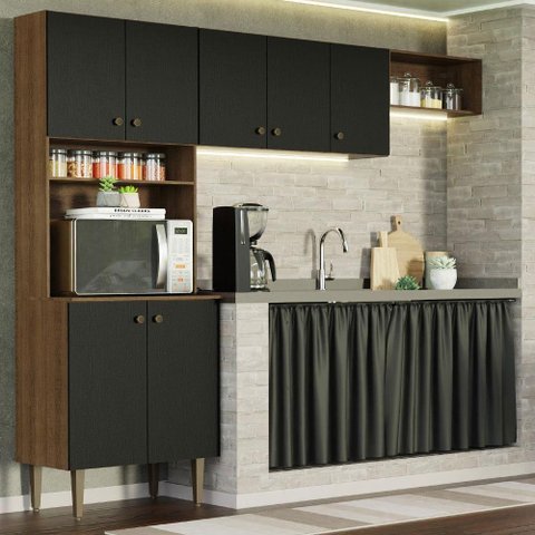 Armário de Cozinha Compacta Quiosque 235cm Rustic/preto Gourmet Madesa 01 Rustic/preto