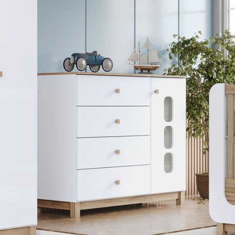 Cômoda 4 Gavetas e Porta com Vidro - Aconchego - Branco / Jequitibá Hp