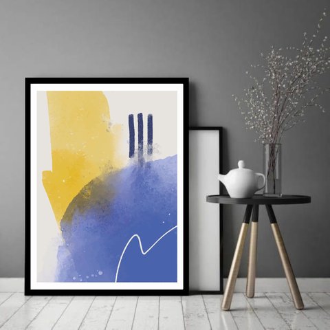 Quadro Decorativo Abstrato Amarelo Azul - 70x50cm:moldura Branca