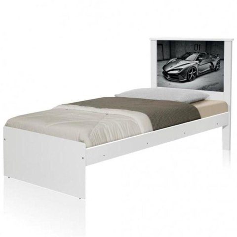 Cama Solteiro Carro Sport Chumbo com Colchão MDF-MDP Branco Preto Casah