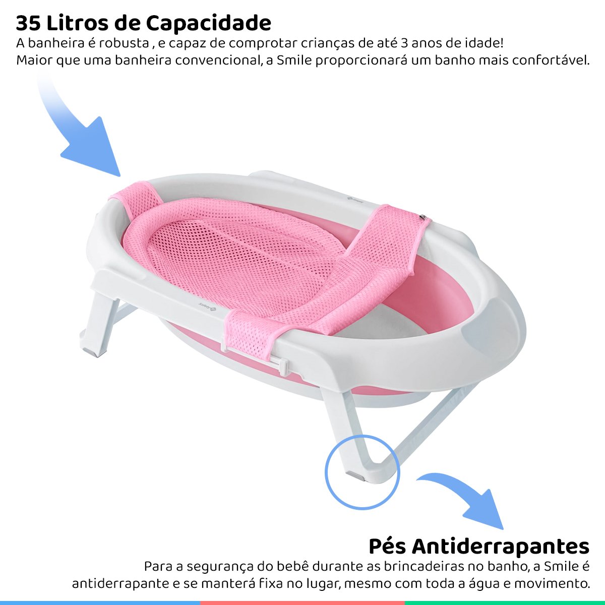 Banheira Bebê Dobrável de 0 à 3 Anos Fechamento Compacto Smile Rosa Safety  1st