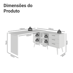 Mesa de Escritório em L 3 Gavetas Branco Lisboa Madesa - 5