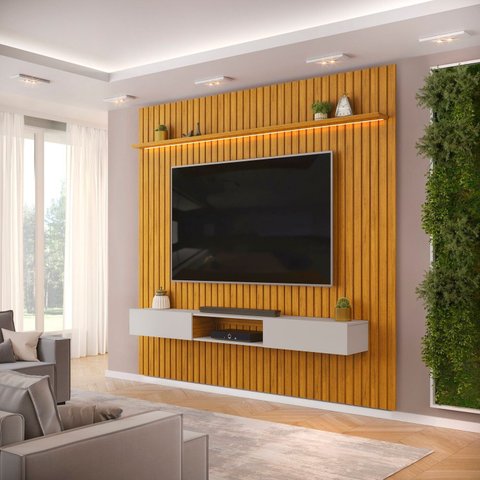 Painel Ripado para TV até 75 Polegadas com LED MDF 250cmx240cm Trento Marrom Cedro/Bali