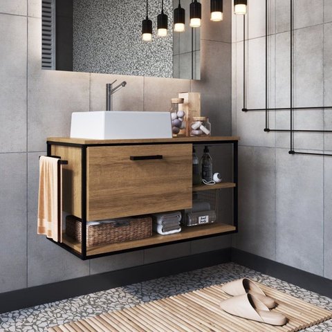 Gabinete Suspenso para Banheiro 80cm com Cuba Marrom/Preto/Mel