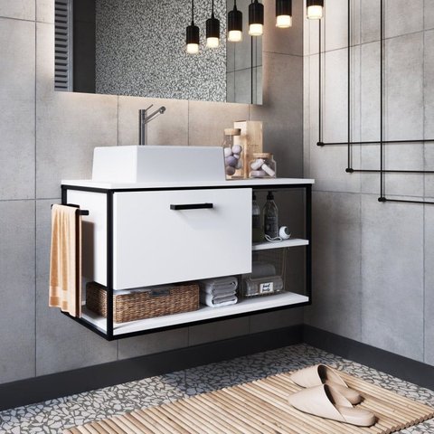 Gabinete Suspenso para Banheiro 80cm com Cuba Branco/Preto