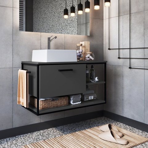 Gabinete Suspenso para Banheiro 80cm com Cuba Cinza/Preto/Grafite