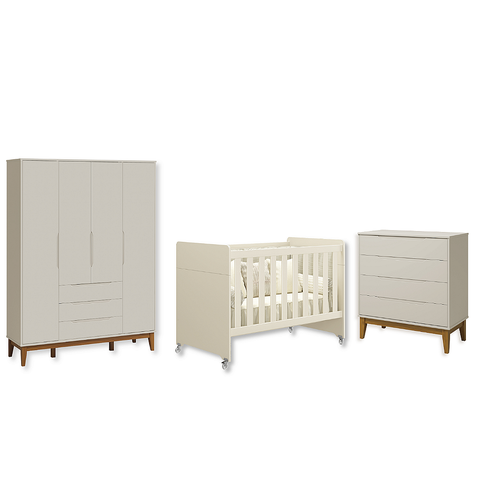Quarto de Bebê Berço Evolution + Guarda Roupa 4P + Cômoda 4g Elfe Areia