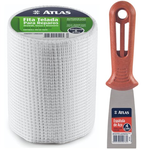 Fita Telada Auto Adesiva para Reparos 100mm X 20m Gesso Drywall Alvenaria + Espátula 4cm Aço Carbono