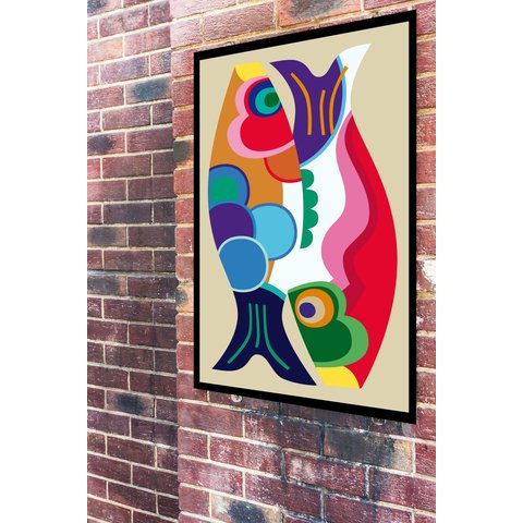Quadro Decorativo Peixes Abstrato - 70x50cm:moldura Branca