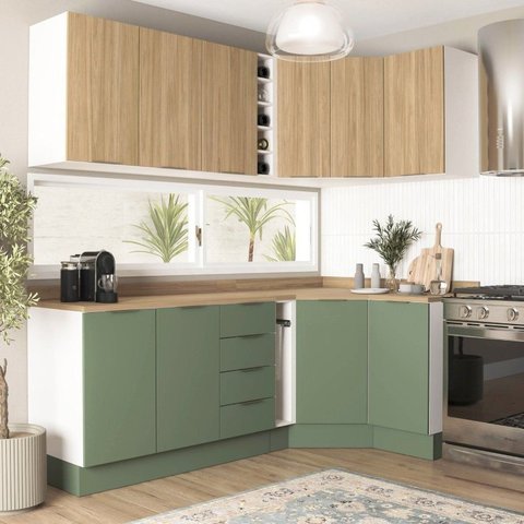 Cozinha Modulada 8 Peças 3 Aéreos 3 Balcões Adega e Toalheiro Ipanema CabeCasa MadeiraOriginals Verd
