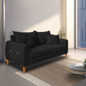 Sofá Living 3 Lugares Bouclê Preto 1.80m Pés em Madeira Bz Home Decor