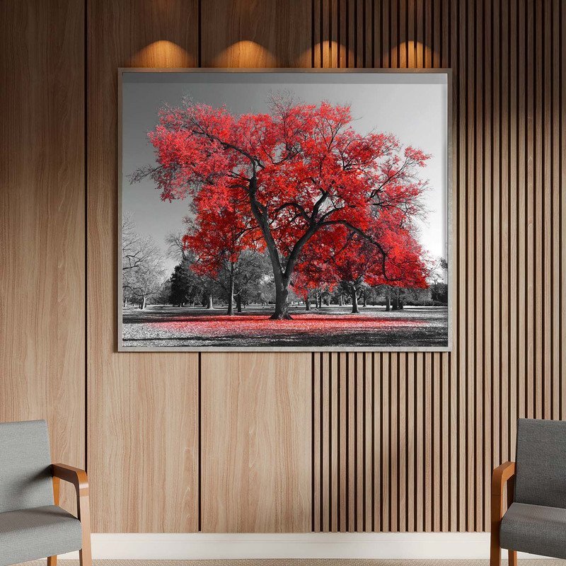 Quadro Decorativo Tela Canvas Paisagem Arvore Vermelha com Moldura Prata -  120x60 Cm