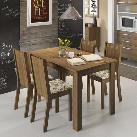 Conjunto Sala de Jantar Rosie Madesa Mesa Tampo de Madeira com 4 Cadeiras Rustic/floral Lírio Bege C