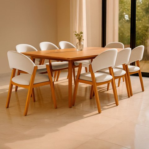 Kit 8 Cadeiras de Jantar Noah Estofada com Braço Madeira Maciça Linho Bege - Arkell