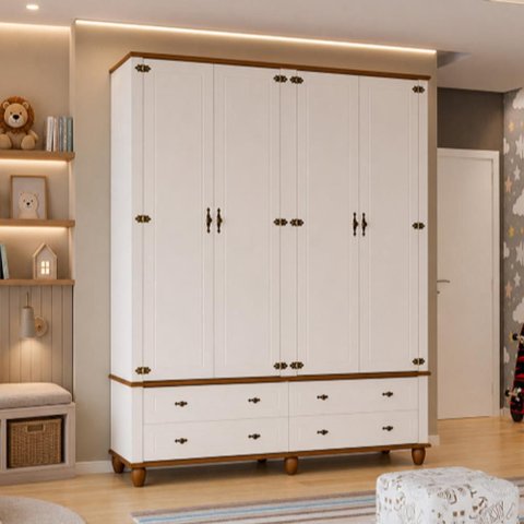 Guarda Roupa Solteiro 4 Portas 4 Gavetas 190cm Provençal Alegra S05 Off White Nogueira - Lyam Decor