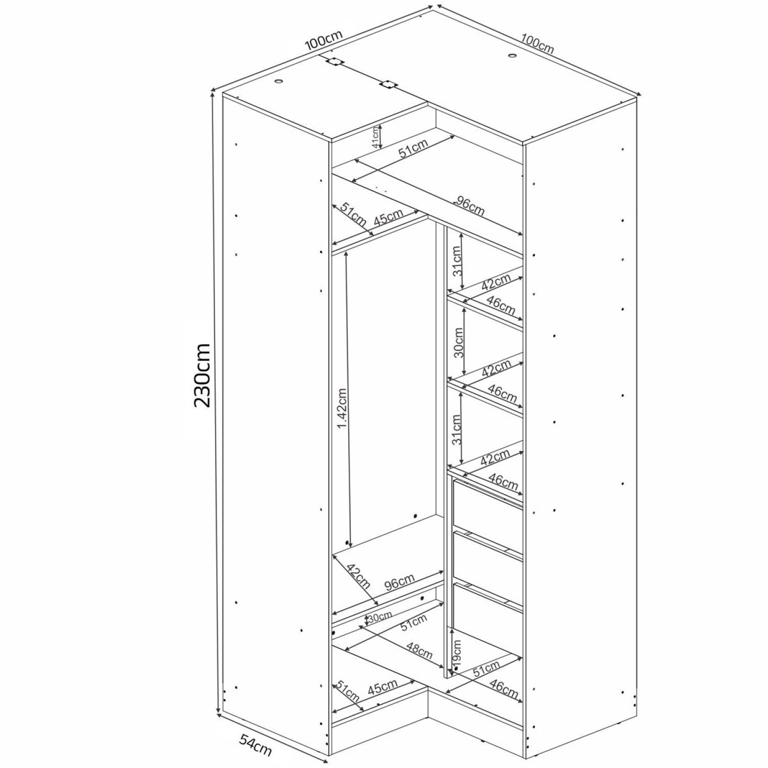 Guarda-roupa Modulado de Canto 2 Portas 3 Gavetas e Prateleiras Irlanda - 3