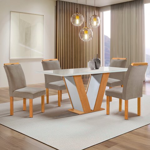 Sala e Jantar Cel Móveis Mesa Qatar Tampo Plus com Vidro e 4 Cadeiras Londres