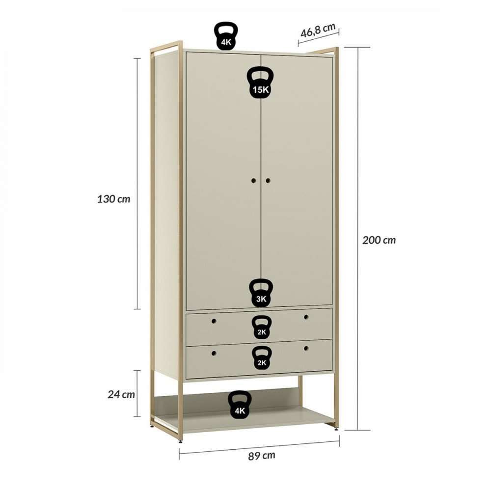 Closet Industrial Modulo 2 Portas 2 Gavetas Off White - Olivar Móveis - 4