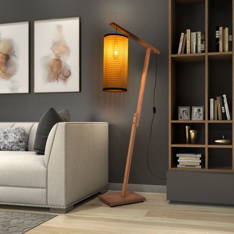 Luminária Abajur de Chão Aurora 160cm Bivolt Cúpula Indiana Artesanal - Palha/Marrom