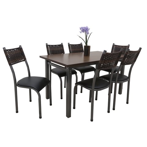 Conjunto Mesa de Jantar Lisboa 1.40m Tampo de Madeira com 6 Cadeiras Aço Junco de Cozinha