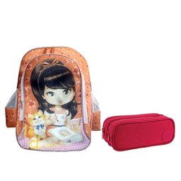 Kit Mochila Escolar Infantil Jolie Morena 24 e Estojo Duplo Académie Rosa - Abcd - 1