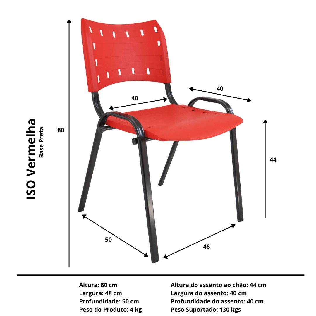 Kit com 10 Cadeiras Iso para Escola Escritório Comércio Vermelha Base Preta Ecomhome - 5