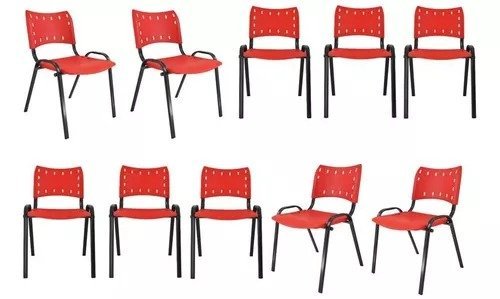 Kit Com 10 Cadeiras Iso Para Escola Escritório Comércio Vermelha Base Preta - 1