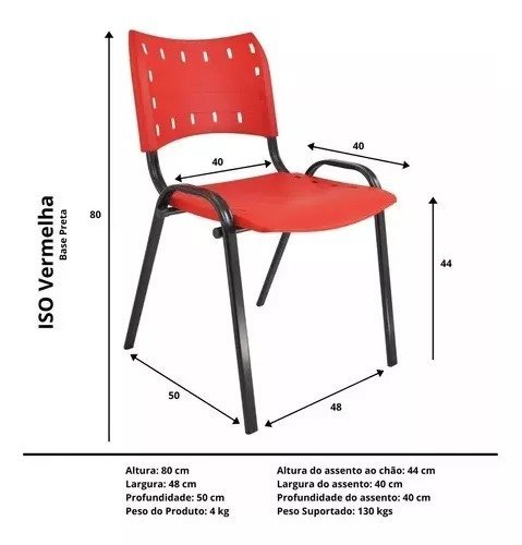 Kit Com 10 Cadeiras Iso Para Escola Escritório Comércio Vermelha Base Preta - 4