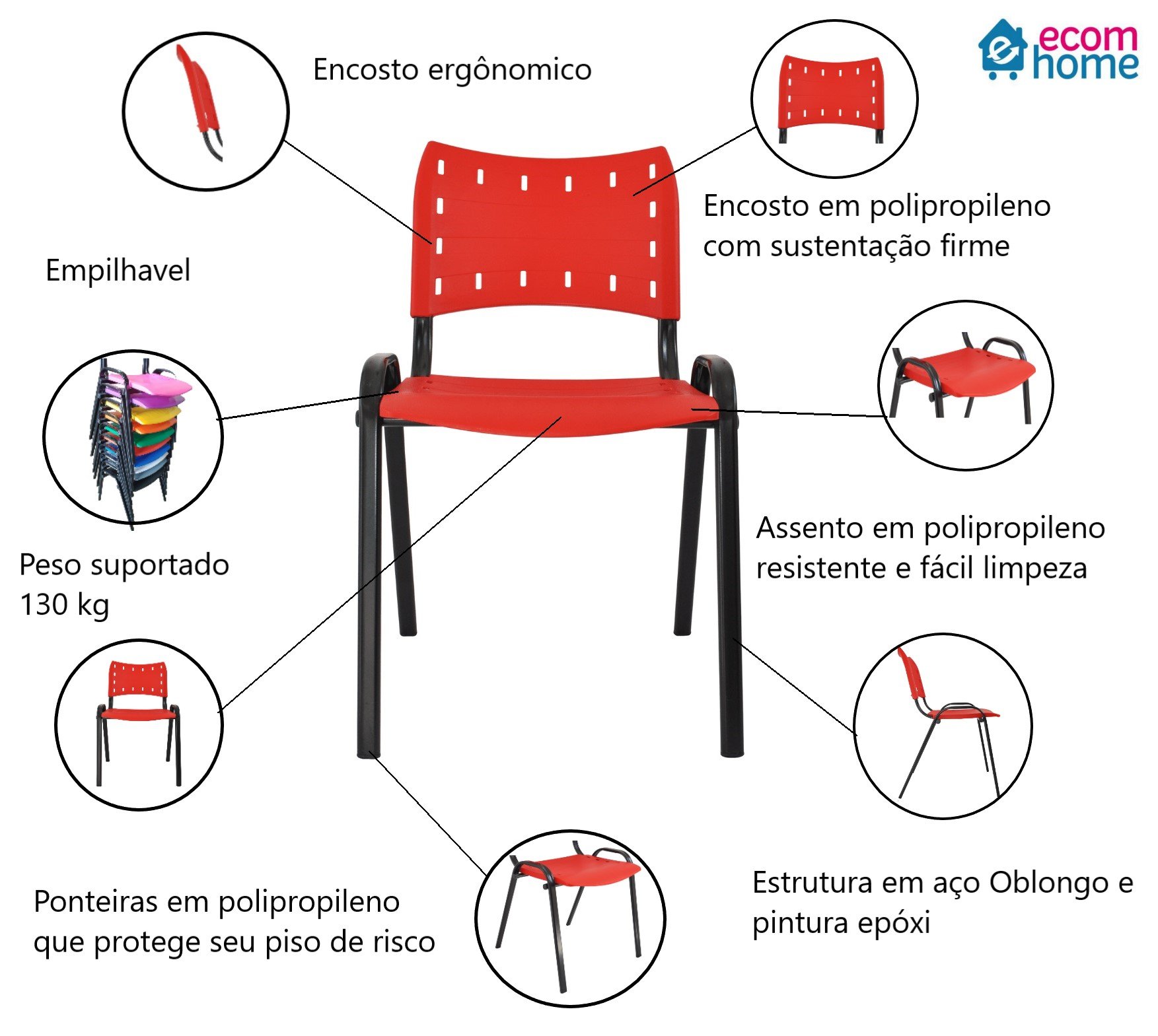 Kit com 10 Cadeiras Iso para Escola Escritório Comércio Vermelha Base Preta Ecomhome - 7