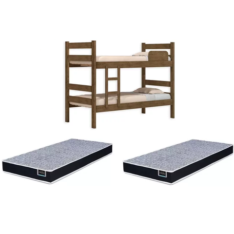 Kit Beliche de Solteiro com Escada Madeira Reforçada 100% Mdf + 2 Colchão de Espuma D28 Solteiro Bp