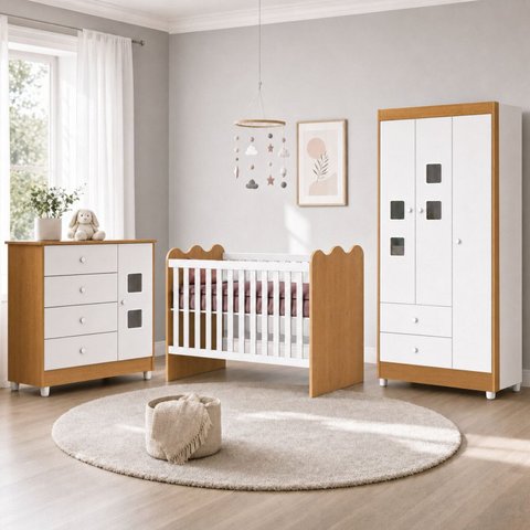 Quarto de Bebê Completo 100% MDF Berço Guarda-Roupa 3 Portas Ternura Marrom/Branco Amadeirado