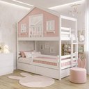 Ver imagem 5 de Beliche Infantil Casinha Dos Sonhos com Varanda 2 Gavetas Madeira Maciça Rosa Branco Megamobília