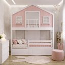 Ver imagem 1 de Beliche Infantil Casinha Dos Sonhos com Varanda 2 Gavetas Madeira Maciça Rosa Branco Megamobília