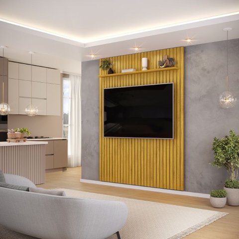 Painel Ripado para TV 65 Polegadas Trento 183cm para Sala de Estar Cedro DJ Móveis